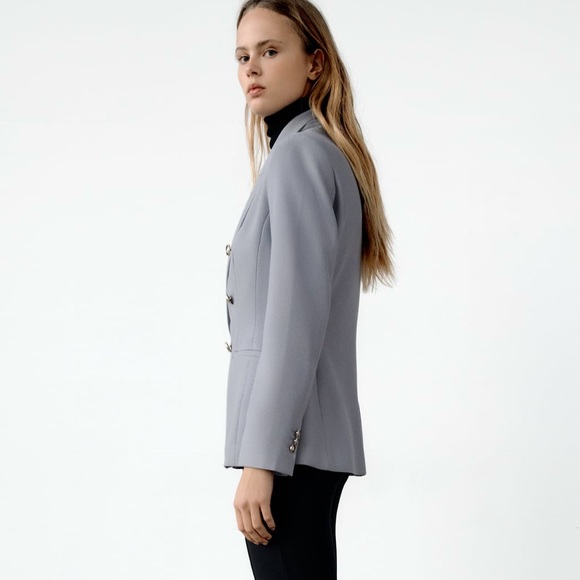 NWT Zara Double Breasted Blazer Light Blue Gold Buttons XS Work Office Business - Picture 9 of 9